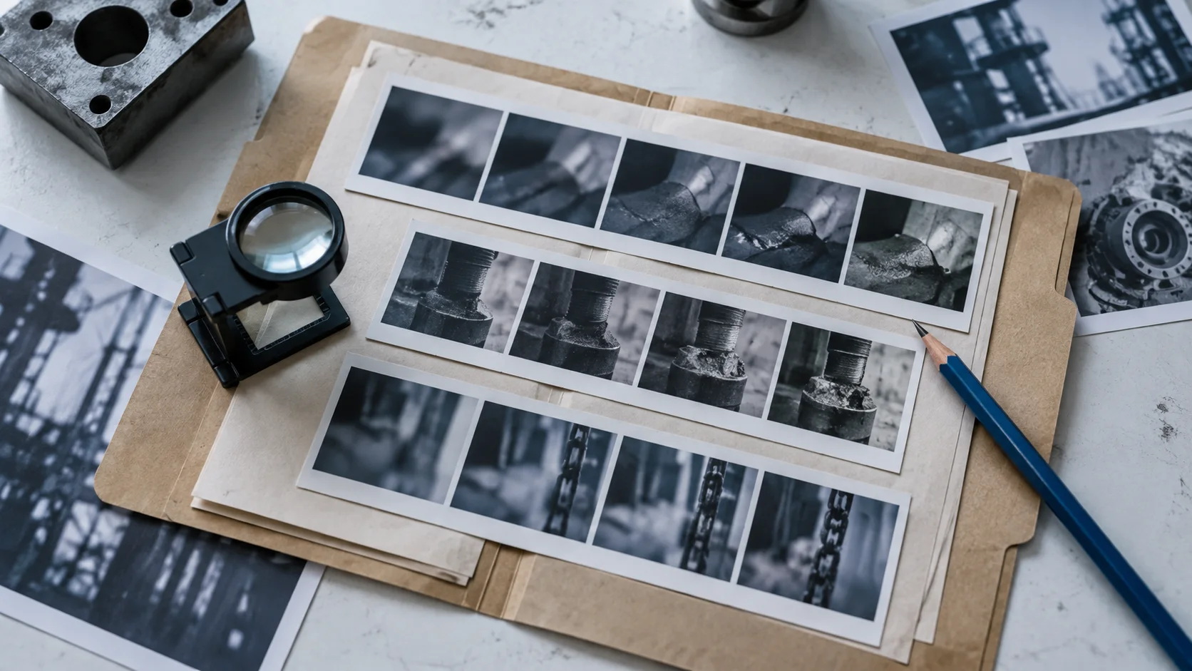 Photographic evidence strips and a loupe, illustrating a failure sequence.