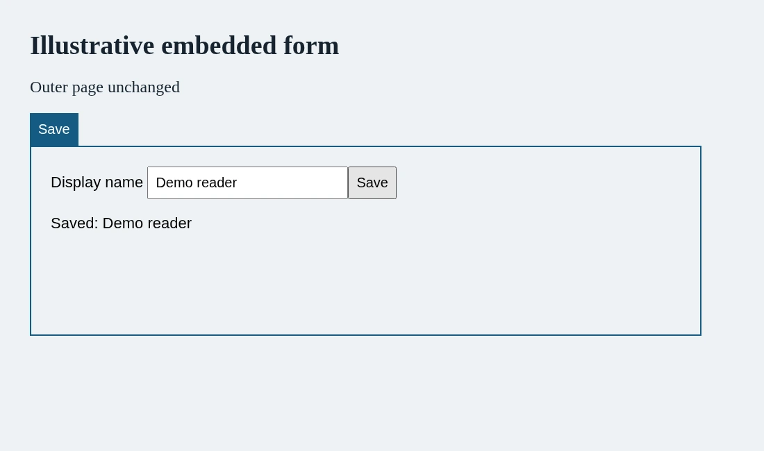 Houd een ingebed formulier binnen zijn eigen document, zonder DOM-volgorde tot productafspraak te maken.