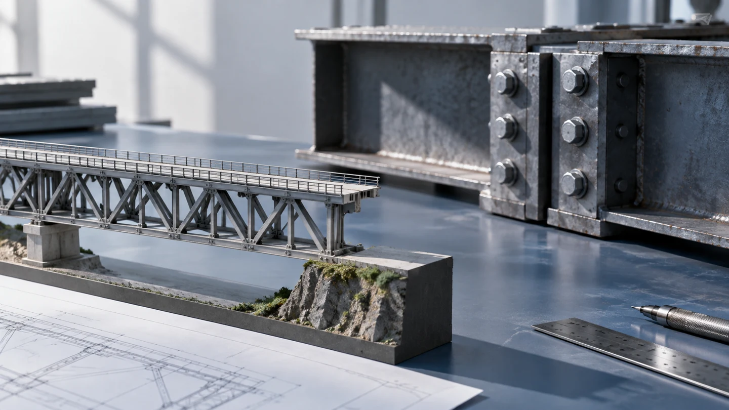 A miniature bridge beside a real steel joint, illustrating a mocked dependency boundary.