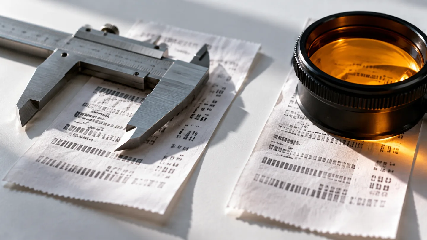 A receipt beside a caliper, illustrating independent measurement.