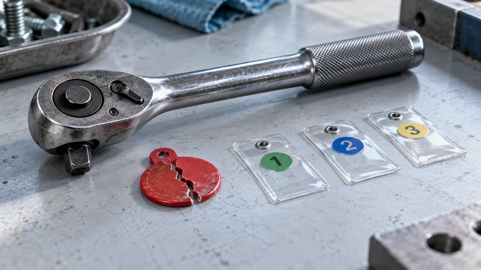 A ratchet wrench beside a cracked inspection seal, illustrating that repetition is not repair.