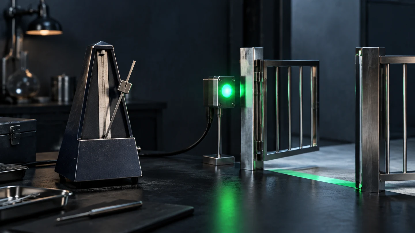 A metronome beside a green sensor gate, illustrating a condition rather than an arbitrary delay.